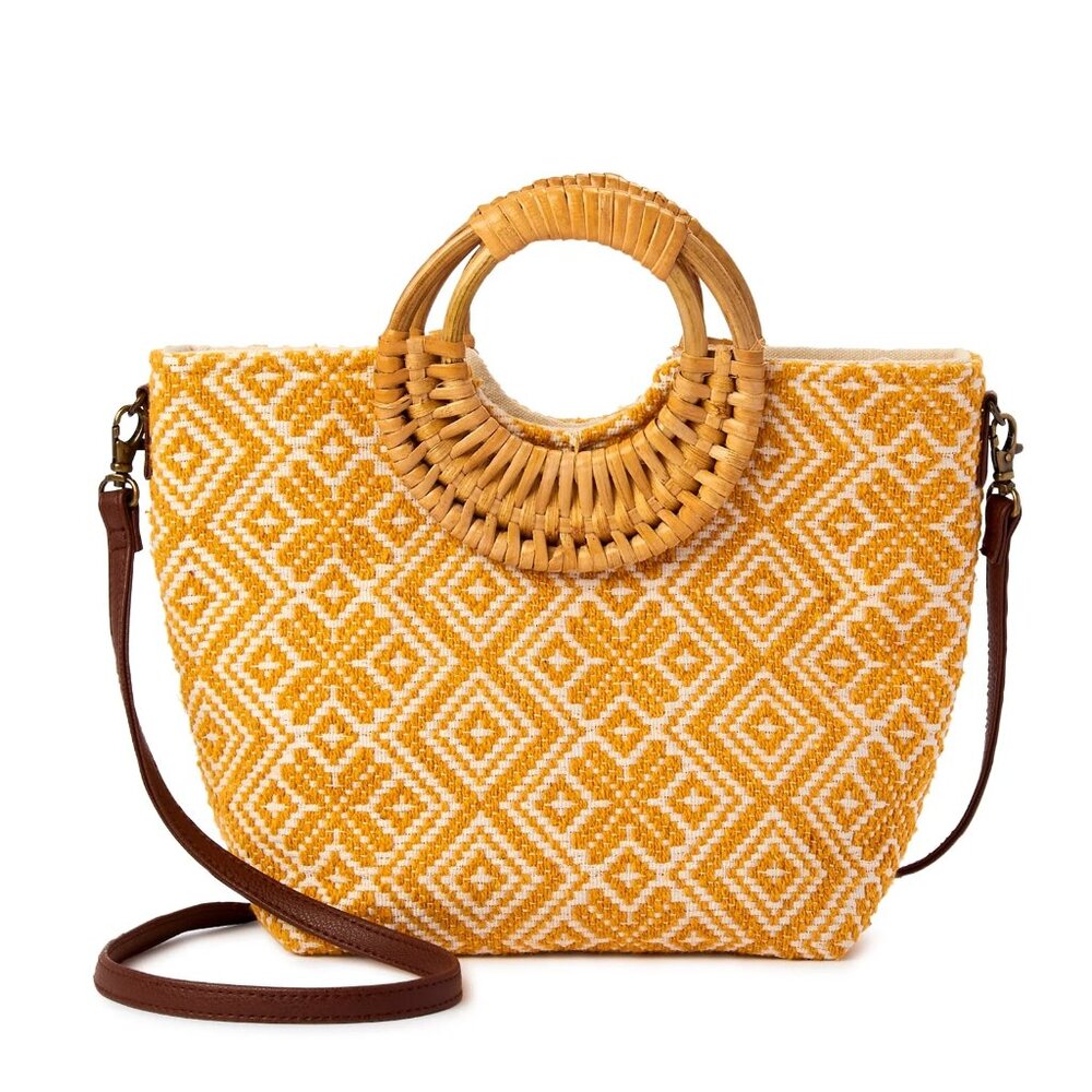 Yellow Patterned Tote Bag with Bamboo Handles